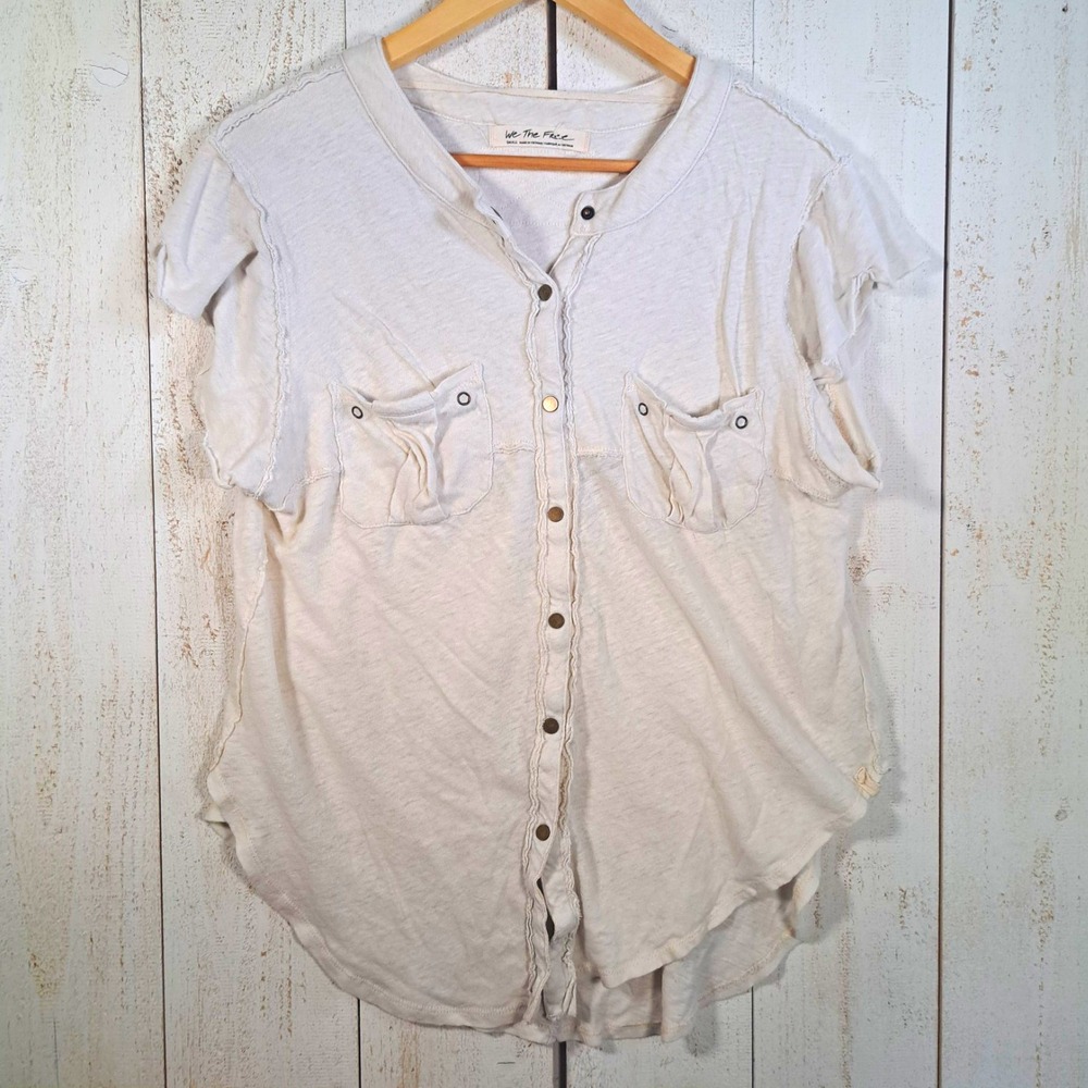 We The Free Fairy Grunge Whimsigoth Beige Linen Blend Oversized Raw Hem Top S